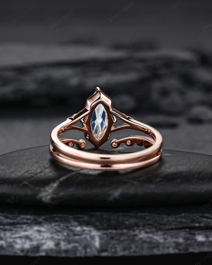 Marquise Cut Natural Blue Aquamarine Promise Ring Set, Open Gap Wedding Band, Spilt Shank Rose Gold Nature Inspired Leaf Milgrain Promise - ShainJewelry