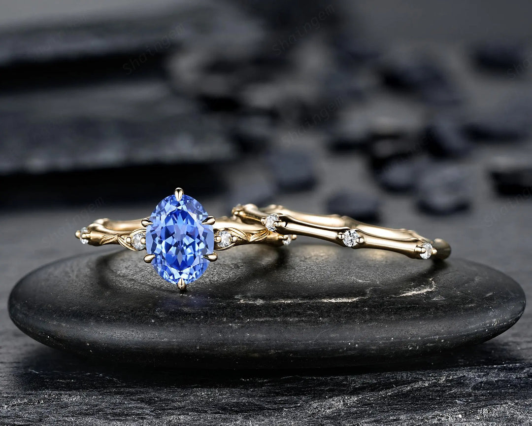 Oval Shape Blue Sapphire Engagement Ring Set: 10K 14K 18K Yellow Gold Promise Wedding Platinum Nature Inspired Bamboo Knot Leaf Silver 925 - ShainJewelry