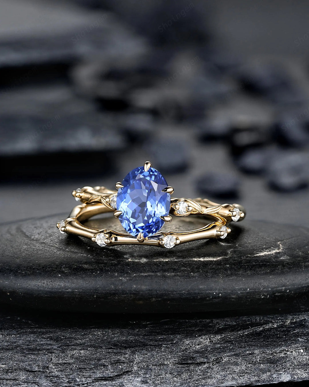 Oval Shape Blue Sapphire Engagement Ring Set: 10K 14K 18K Yellow Gold Promise Wedding Platinum Nature Inspired Bamboo Knot Leaf Silver 925 - ShainJewelry