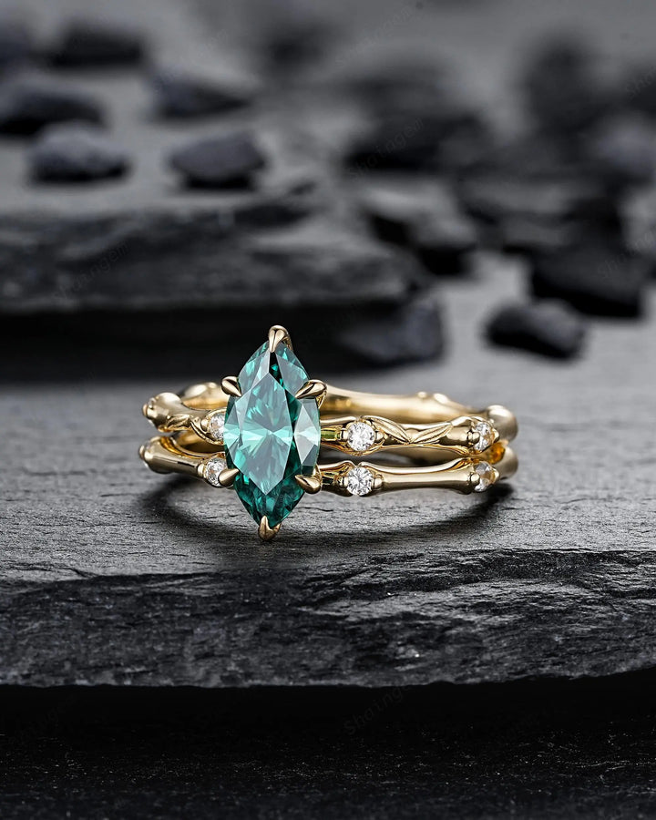 Marquise Cut Green Moissanite Engagement Ring Set: 14K 18K Yellow Gold Promise Wedding Platinum Nature Inspired Bamboo Knot Leaf Silver 925 - ShainJewelry