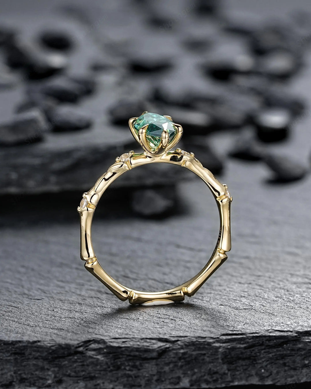 Marquise Cut Green Moissanite Engagement Ring Set: 14K 18K Yellow Gold Promise Wedding Platinum Nature Inspired Bamboo Knot Leaf Silver 925 - ShainJewelry