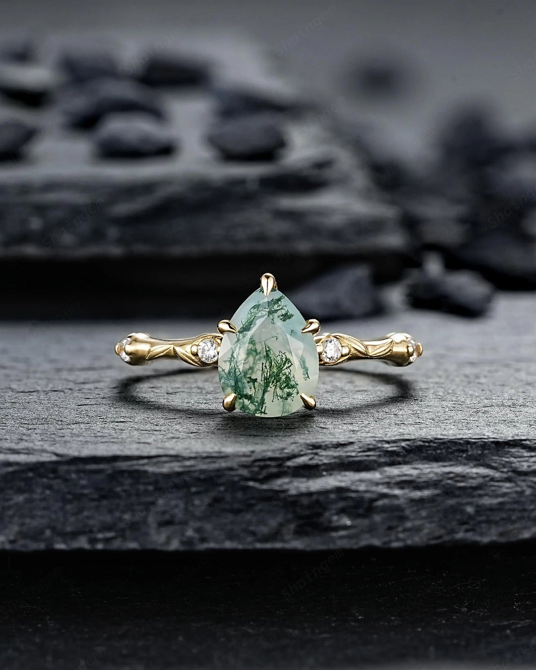 Unique Pear Shape Moss Agate Engagement Ring Set: 14K 18K Yellow Gold Promise Wedding Platinum Nature Inspired Bamboo Knot Leaf Silver 925 - ShainJewelry