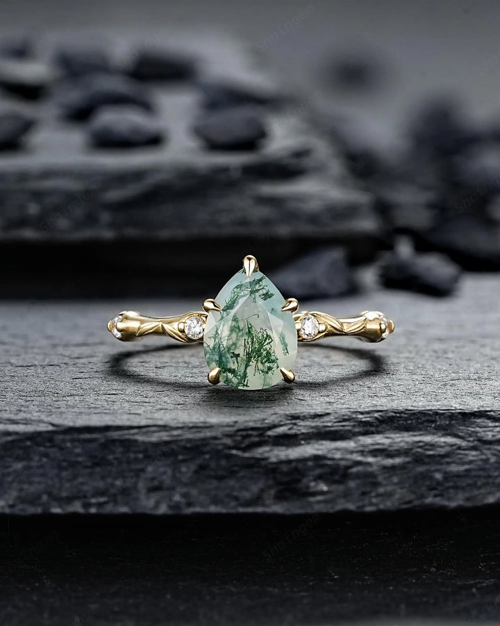 Unique Pear Shape Moss Agate Engagement Ring Set: 14K 18K Yellow Gold Promise Wedding Platinum Nature Inspired Bamboo Knot Leaf Silver 925 - ShainJewelry