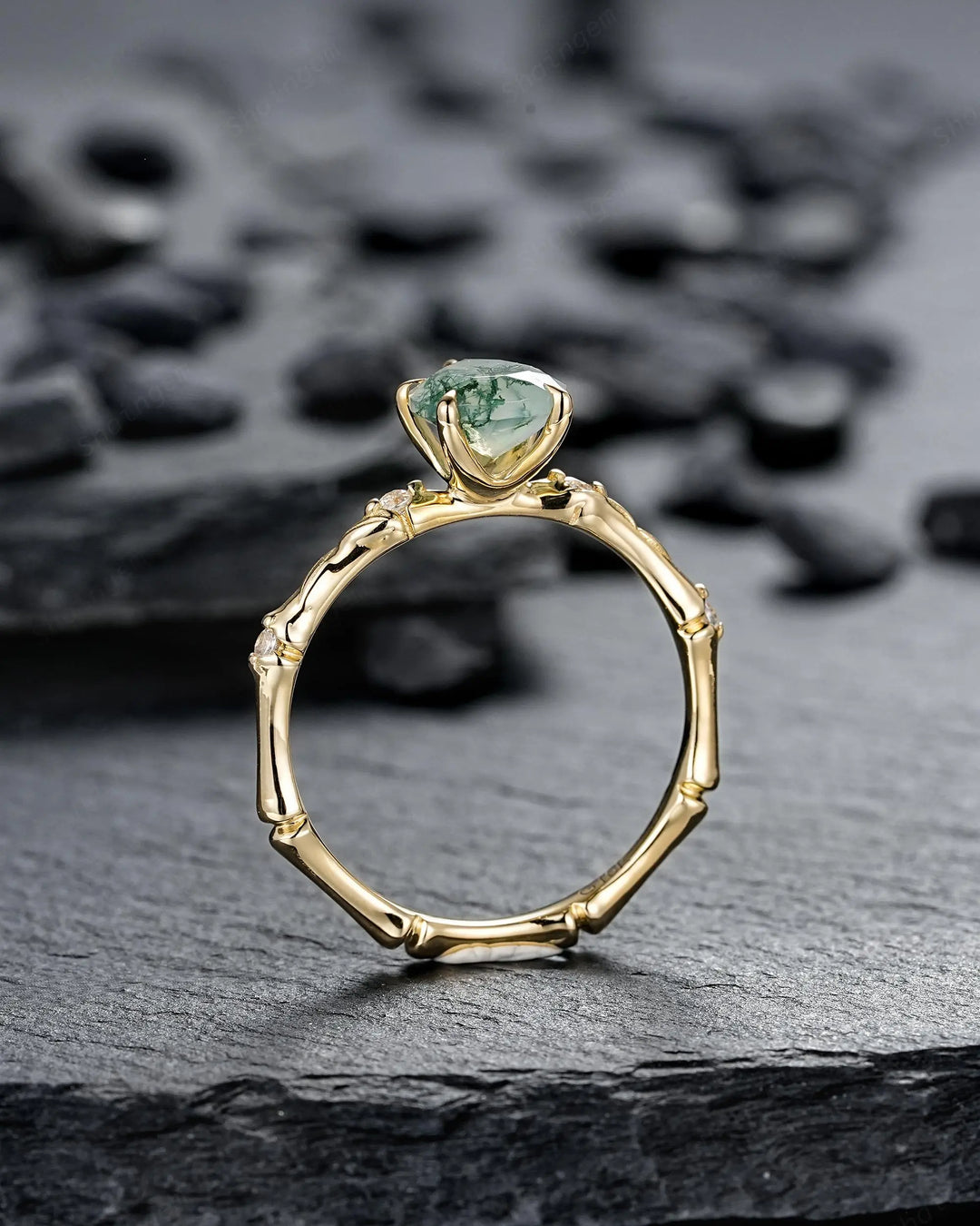 Unique Pear Shape Moss Agate Engagement Ring Set: 14K 18K Yellow Gold Promise Wedding Platinum Nature Inspired Bamboo Knot Leaf Silver 925 - ShainJewelry