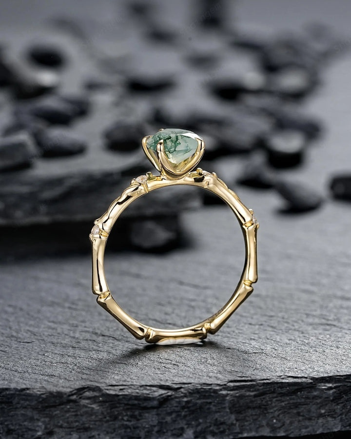 Unique Pear Shape Moss Agate Engagement Ring Set: 14K 18K Yellow Gold Promise Wedding Platinum Nature Inspired Bamboo Knot Leaf Silver 925 - ShainJewelry