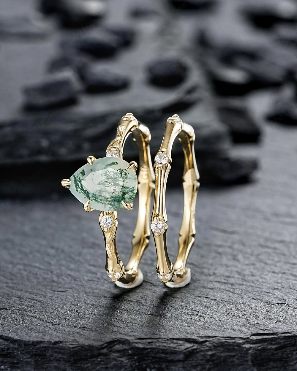Unique Pear Shape Moss Agate Engagement Ring Set: 14K 18K Yellow Gold Promise Wedding Platinum Nature Inspired Bamboo Knot Leaf Silver 925 - ShainJewelry
