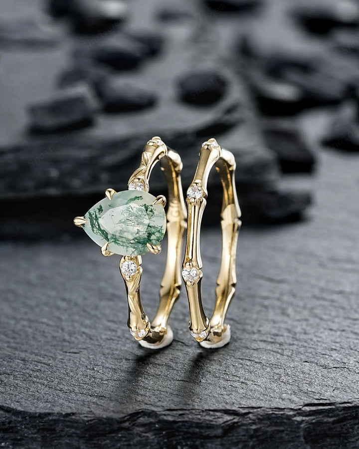 Unique Pear Shape Moss Agate Engagement Ring Set: 14K 18K Yellow Gold Promise Wedding Platinum Nature Inspired Bamboo Knot Leaf Silver 925 - ShainJewelry