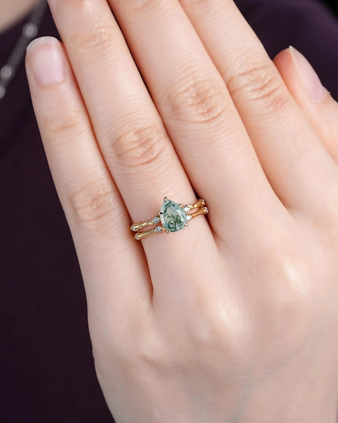 Unique Pear Shape Moss Agate Engagement Ring Set: 14K 18K Yellow Gold Promise Wedding Platinum Nature Inspired Bamboo Knot Leaf Silver 925 - ShainJewelry