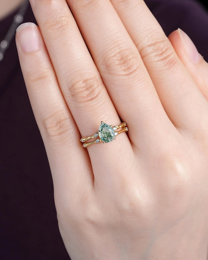 Unique Pear Shape Moss Agate Engagement Ring Set: 14K 18K Yellow Gold Promise Wedding Platinum Nature Inspired Bamboo Knot Leaf Silver 925 - ShainJewelry