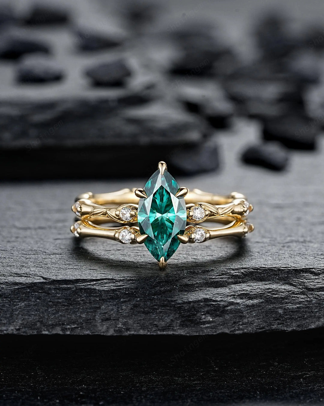 Marquise Cut Green Moissanite Engagement Ring Set: 14K 18K Yellow Gold Promise Wedding Platinum Nature Inspired Bamboo Knot Leaf Silver 925 - ShainJewelry