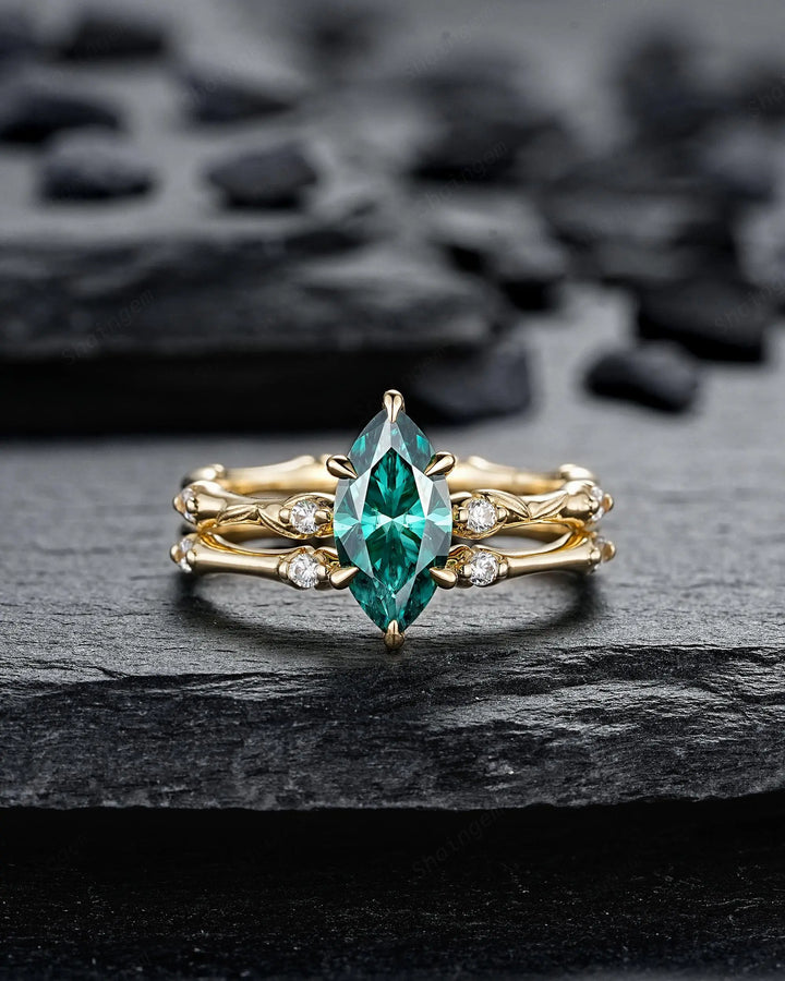 Marquise Cut Green Moissanite Engagement Ring Set: 14K 18K Yellow Gold Promise Wedding Platinum Nature Inspired Bamboo Knot Leaf Silver 925 - ShainJewelry