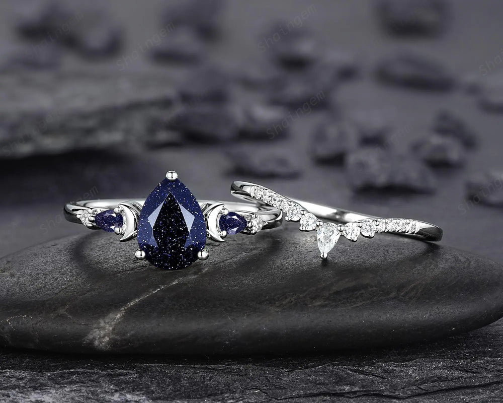 Vintage Pear Shape Blue Sandstone Crescent Engagement Ring Set: 10K 14K 18K White Gold Moon Wedding Silver 925 Platinum Promise Bridal Set - ShainJewelry
