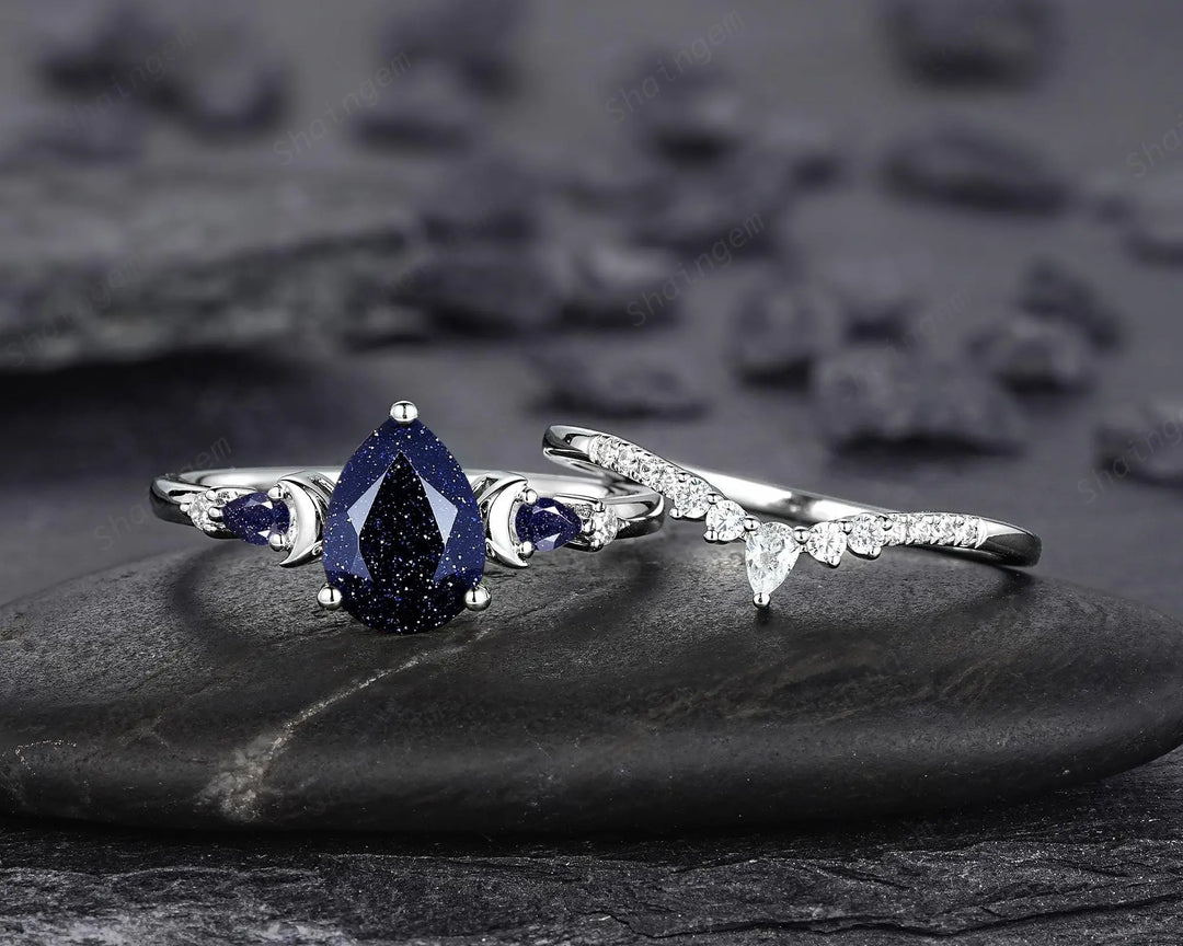 Vintage Pear Shape Blue Sandstone Crescent Engagement Ring Set: 10K 14K 18K White Gold Moon Wedding Silver 925 Platinum Promise Bridal Set - ShainJewelry
