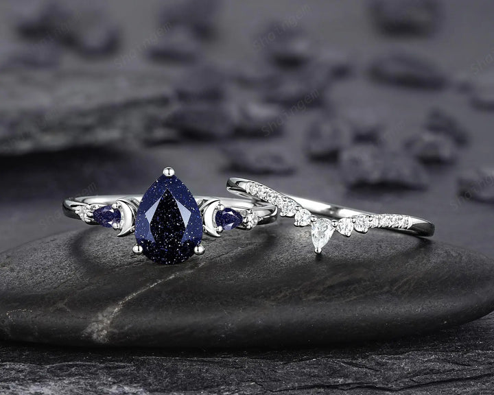 Vintage Pear Shape Blue Sandstone Crescent Engagement Ring Set: 10K 14K 18K White Gold Moon Wedding Silver 925 Platinum Promise Bridal Set - ShainJewelry