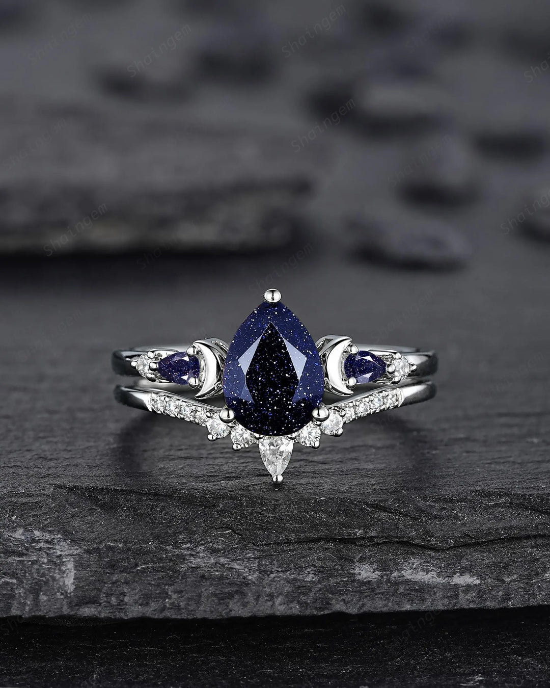 Vintage Pear Shape Blue Sandstone Crescent Engagement Ring Set: 10K 14K 18K White Gold Moon Wedding Silver 925 Platinum Promise Bridal Set - ShainJewelry