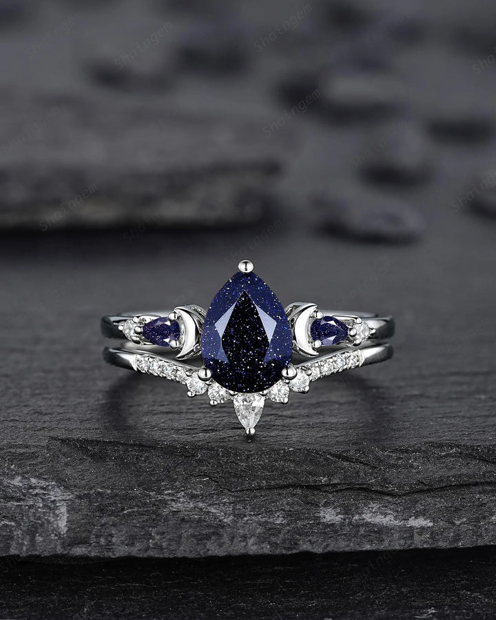 Vintage Pear Shape Blue Sandstone Crescent Engagement Ring Set: 10K 14K 18K White Gold Moon Wedding Silver 925 Platinum Promise Bridal Set - ShainJewelry