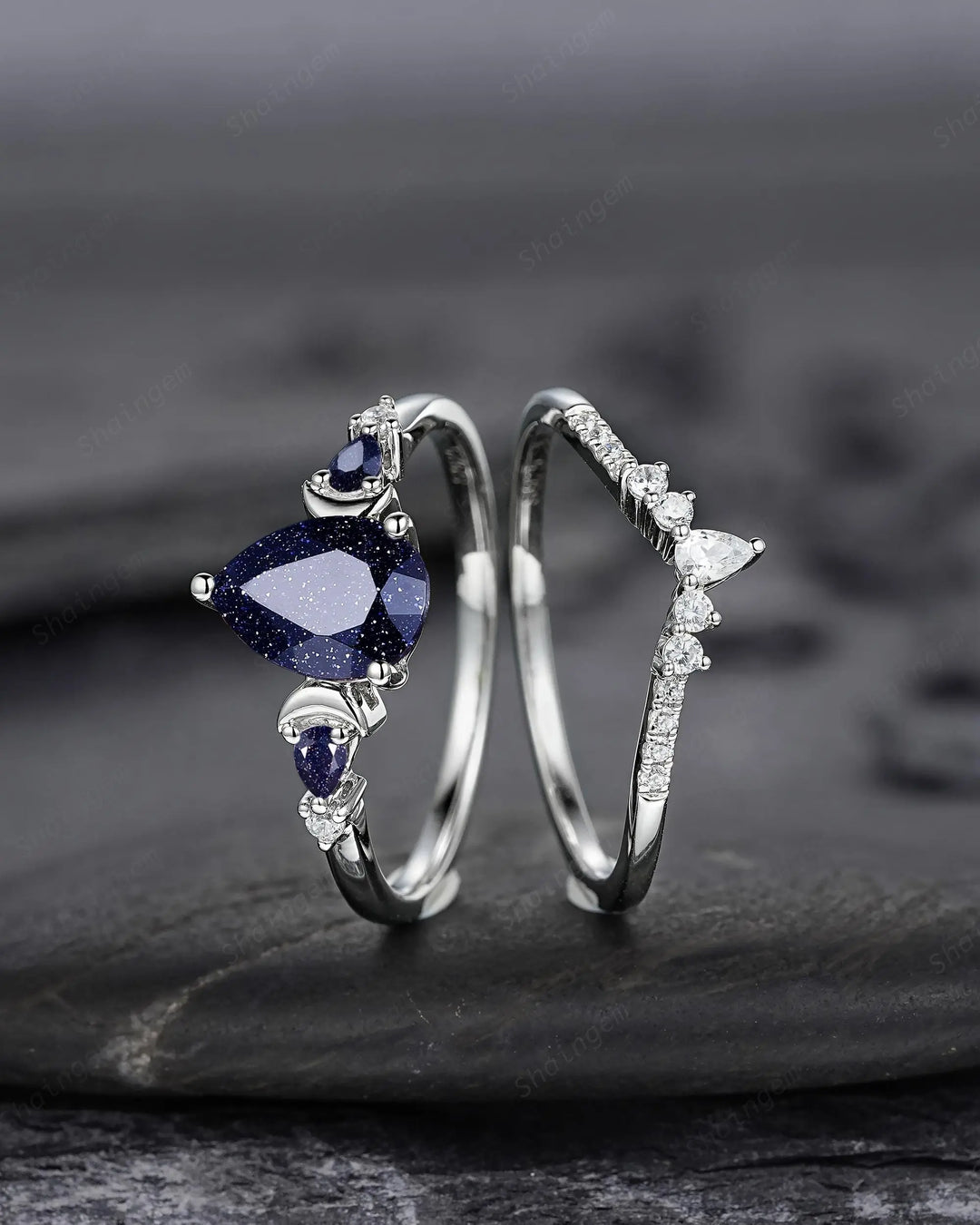 Vintage Pear Shape Blue Sandstone Crescent Engagement Ring Set: 10K 14K 18K White Gold Moon Wedding Silver 925 Platinum Promise Bridal Set - ShainJewelry