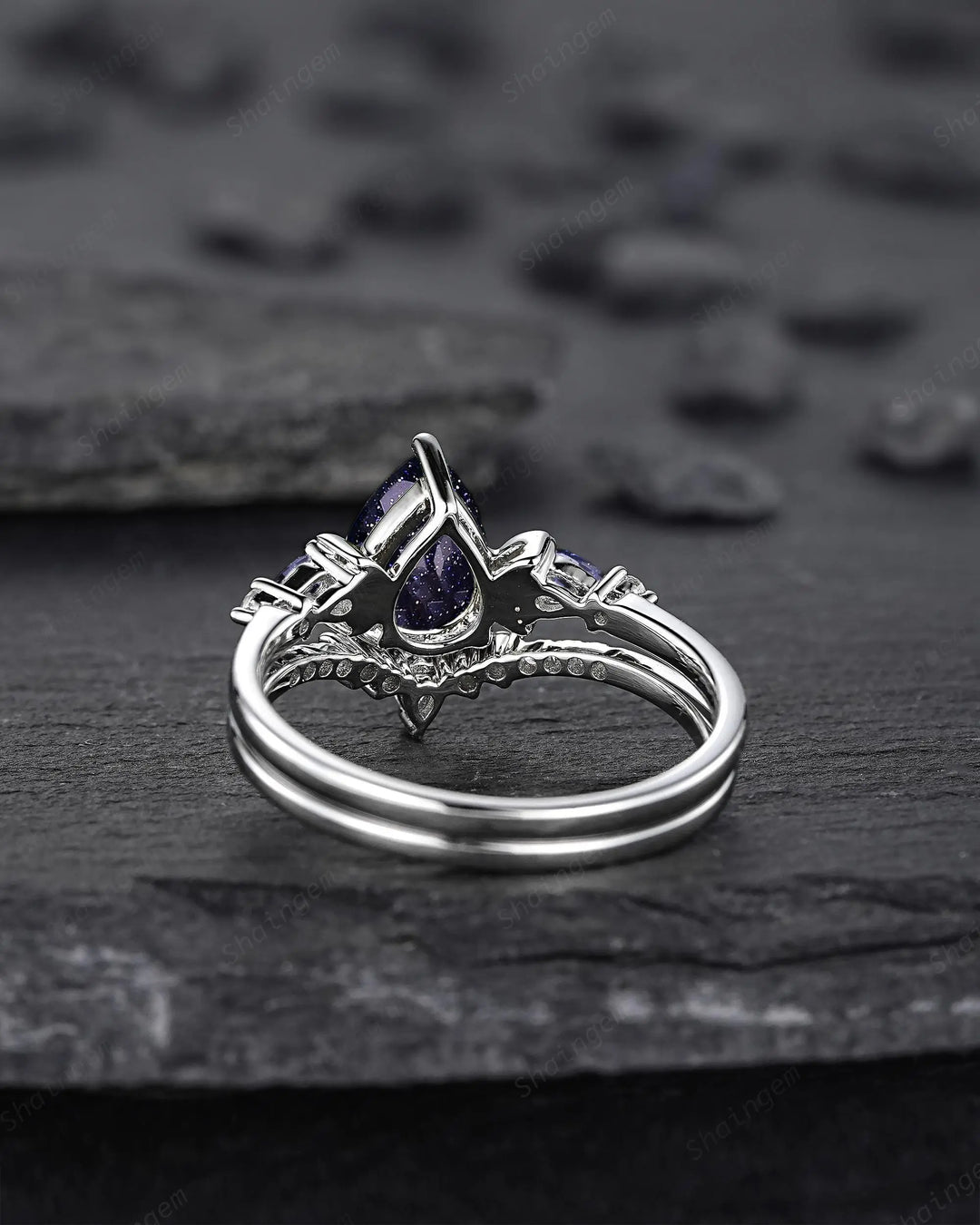 Vintage Pear Shape Blue Sandstone Crescent Engagement Ring Set: 10K 14K 18K White Gold Moon Wedding Silver 925 Platinum Promise Bridal Set - ShainJewelry