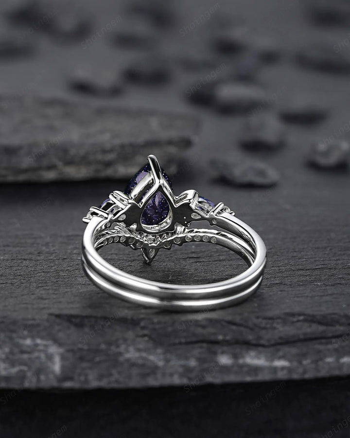Vintage Pear Shape Blue Sandstone Crescent Engagement Ring Set: 10K 14K 18K White Gold Moon Wedding Silver 925 Platinum Promise Bridal Set - ShainJewelry