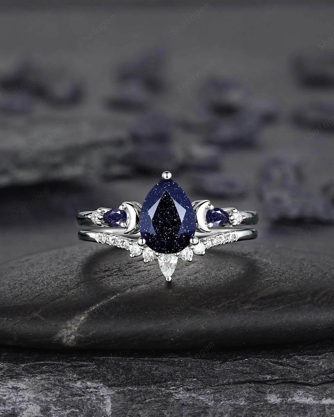 Vintage Pear Shape Blue Sandstone Crescent Engagement Ring Set: 10K 14K 18K White Gold Moon Wedding Silver 925 Platinum Promise Bridal Set - ShainJewelry