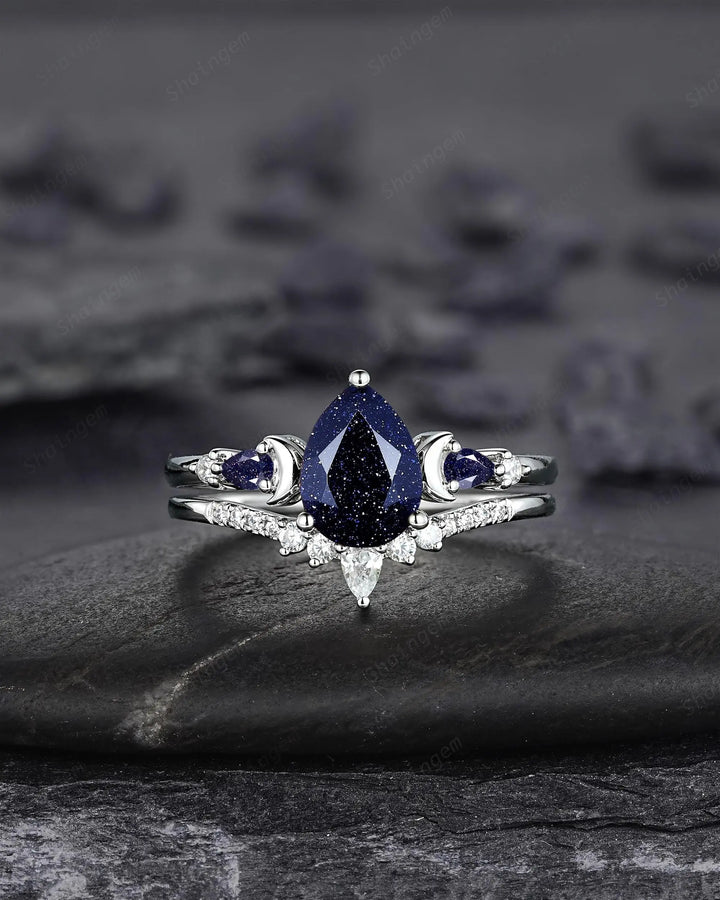 Vintage Pear Shape Blue Sandstone Crescent Engagement Ring Set: 10K 14K 18K White Gold Moon Wedding Silver 925 Platinum Promise Bridal Set - ShainJewelry