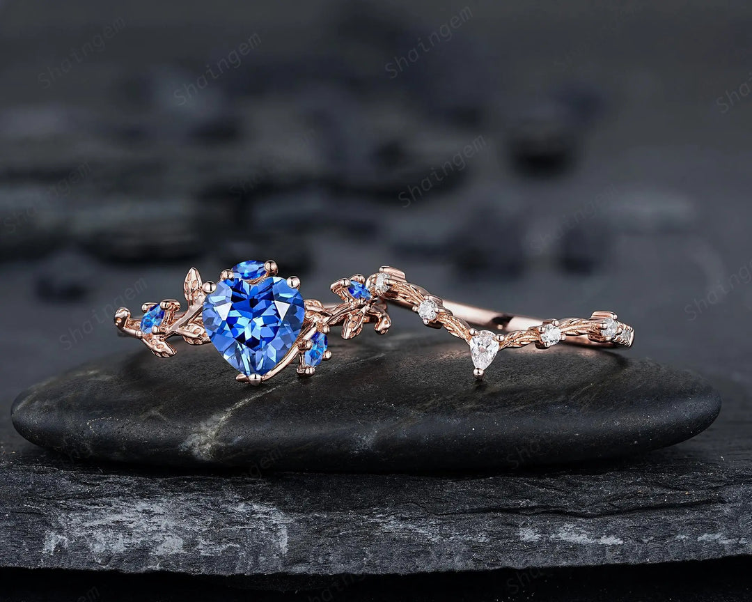 Nature Inspired Leaf Heart Shape Blue Sapphire Engagement Ring Set, Unique Rose Gold Twig Branch Platinum Wedding 925 Silver Vine Promise - ShainJewelry