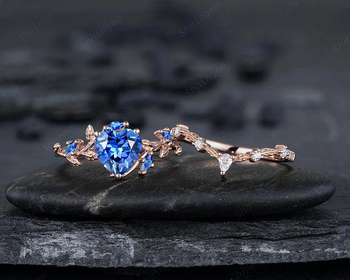 Nature Inspired Leaf Heart Shape Blue Sapphire Engagement Ring Set, Unique Rose Gold Twig Branch Platinum Wedding 925 Silver Vine Promise - ShainJewelry