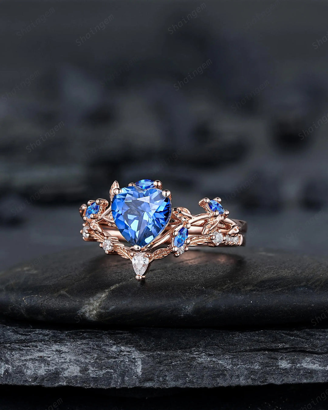 Nature Inspired Leaf Heart Shape Blue Sapphire Engagement Ring Set, Unique Rose Gold Twig Branch Platinum Wedding 925 Silver Vine Promise - ShainJewelry