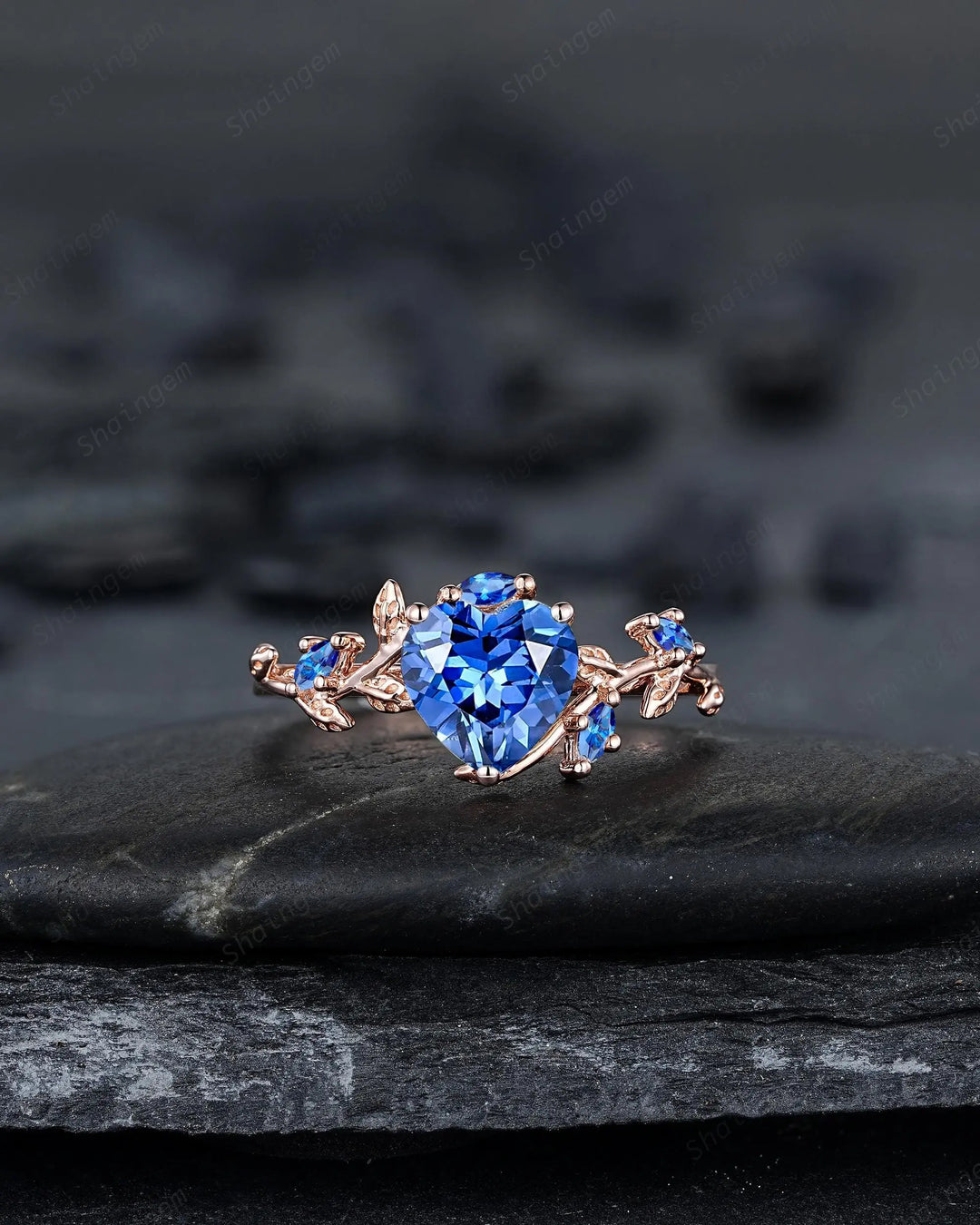 Nature Inspired Leaf Heart Shape Blue Sapphire Engagement Ring Set, Unique Rose Gold Twig Branch Platinum Wedding 925 Silver Vine Promise - ShainJewelry