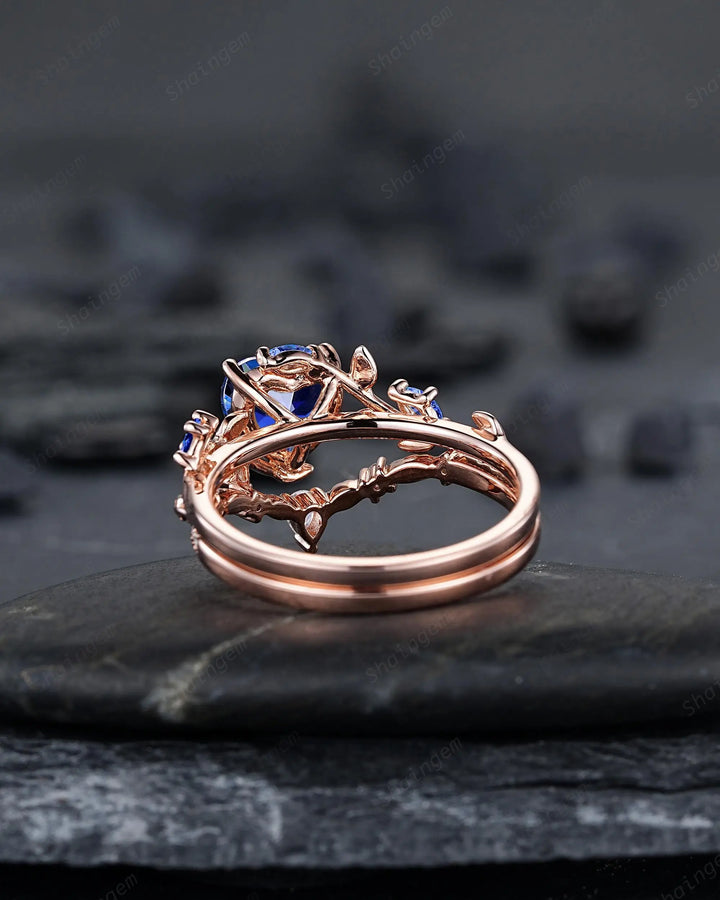 Nature Inspired Leaf Heart Shape Blue Sapphire Engagement Ring Set, Unique Rose Gold Twig Branch Platinum Wedding 925 Silver Vine Promise - ShainJewelry