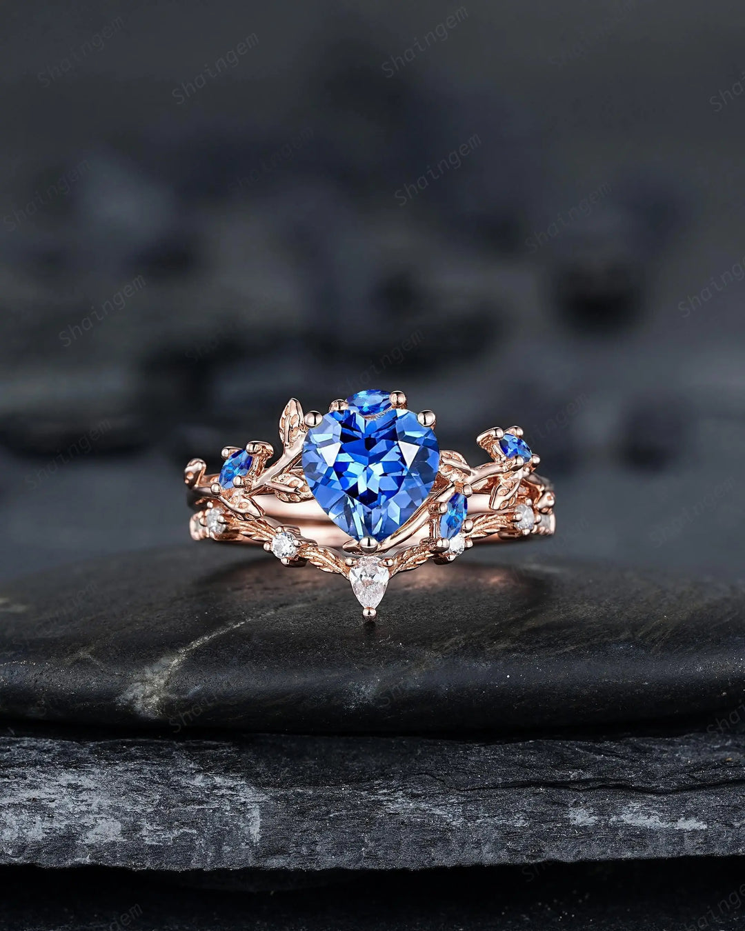 Nature Inspired Leaf Heart Shape Blue Sapphire Engagement Ring Set, Unique Rose Gold Twig Branch Platinum Wedding 925 Silver Vine Promise - ShainJewelry
