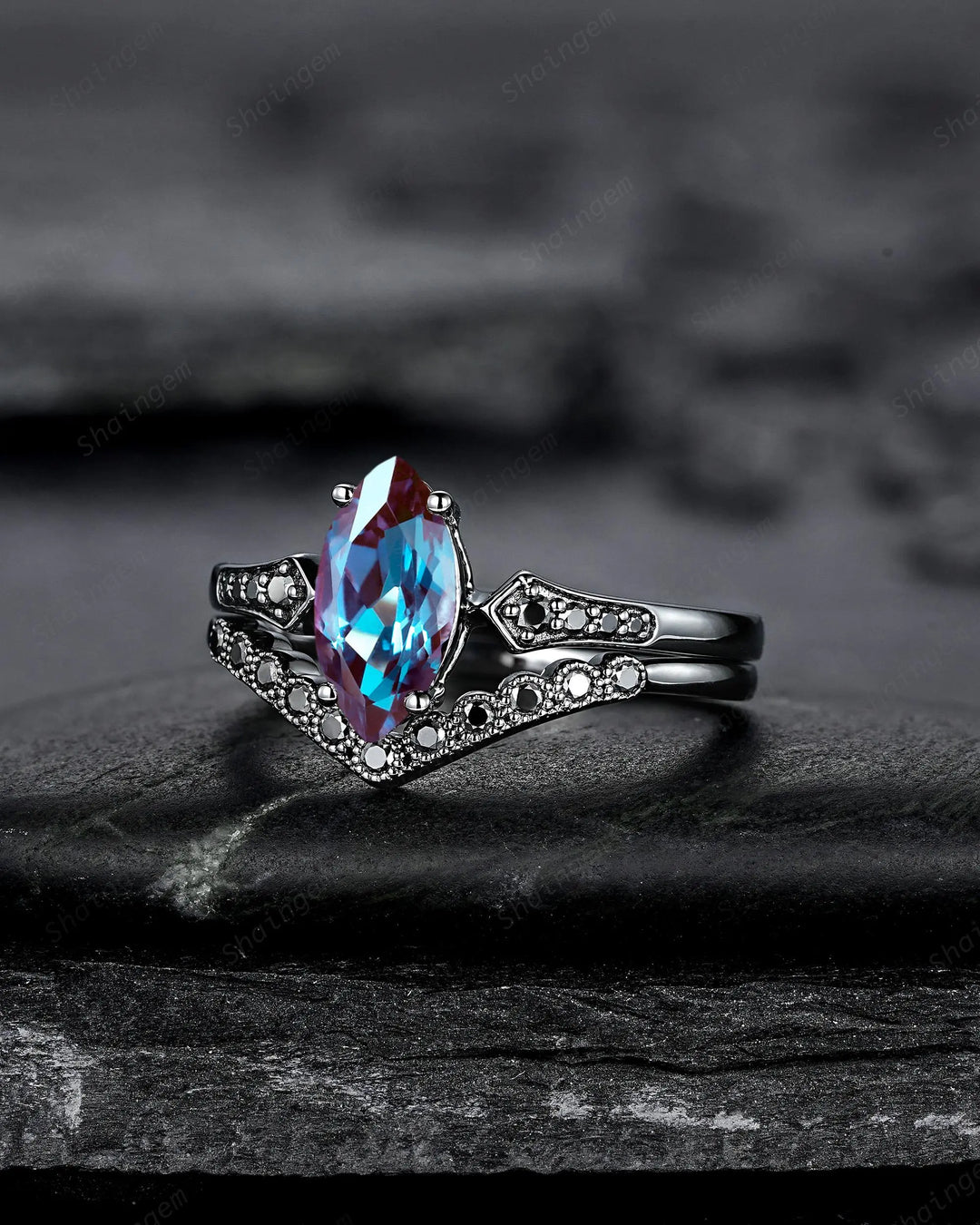 Vintage Black Gold Marquise Cut Alexandrite Engagement Ring: Gothic Punk Bridal Set, Black Rhodium Wedding Milgrain V Shape Curved Promise - ShainJewelry