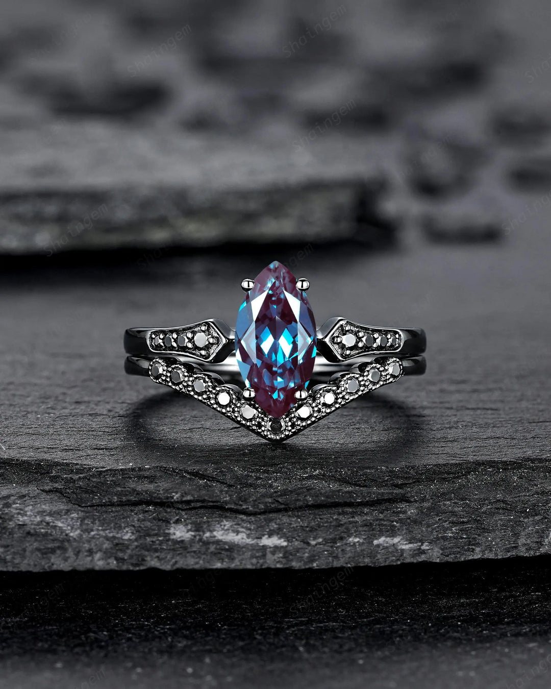 Vintage Black Gold Marquise Cut Alexandrite Engagement Ring: Gothic Punk Bridal Set, Black Rhodium Wedding Milgrain V Shape Curved Promise - ShainJewelry