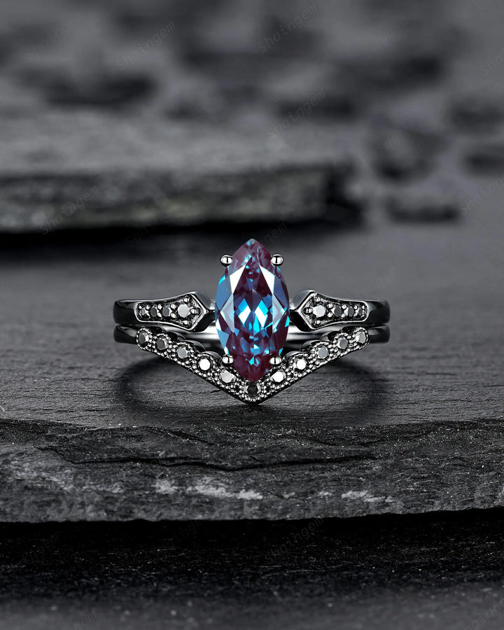 Vintage Black Gold Marquise Cut Alexandrite Engagement Ring: Gothic Punk Bridal Set, Black Rhodium Wedding Milgrain V Shape Curved Promise - ShainJewelry