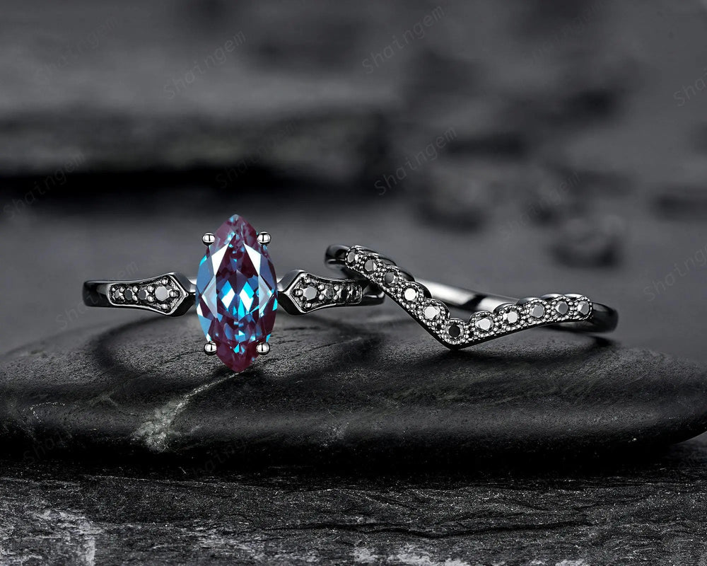 Vintage Black Gold Marquise Cut Alexandrite Engagement Ring: Gothic Punk Bridal Set, Black Rhodium Wedding Milgrain V Shape Curved Promise - ShainJewelry