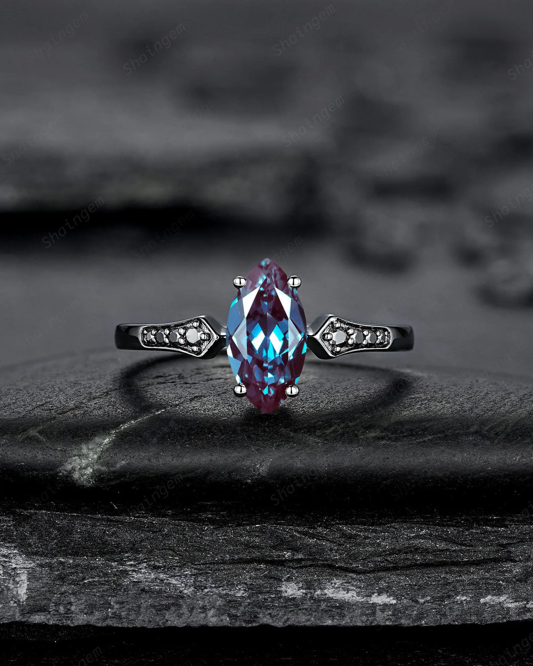 Vintage Black Gold Marquise Cut Alexandrite Engagement Ring: Gothic Punk Bridal Set, Black Rhodium Wedding Milgrain V Shape Curved Promise - ShainJewelry
