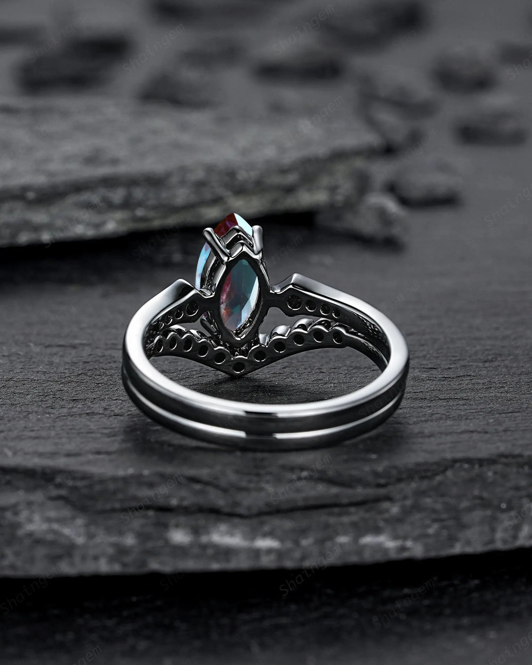 Vintage Black Gold Marquise Cut Alexandrite Engagement Ring: Gothic Punk Bridal Set, Black Rhodium Wedding Milgrain V Shape Curved Promise - ShainJewelry