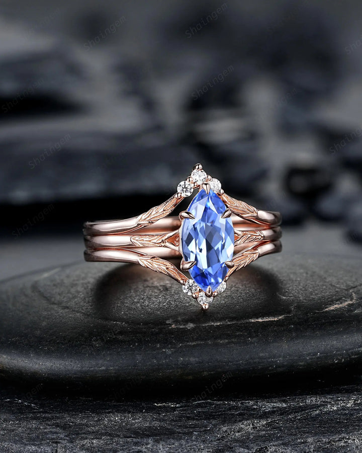 3PCS Marquise Cut Blue Sapphire Solitaire Engagement Ring: Nature Inspired Wedding Set Rose Gold Promise Engraved Leaf Silver, Platinum - ShainJewelry