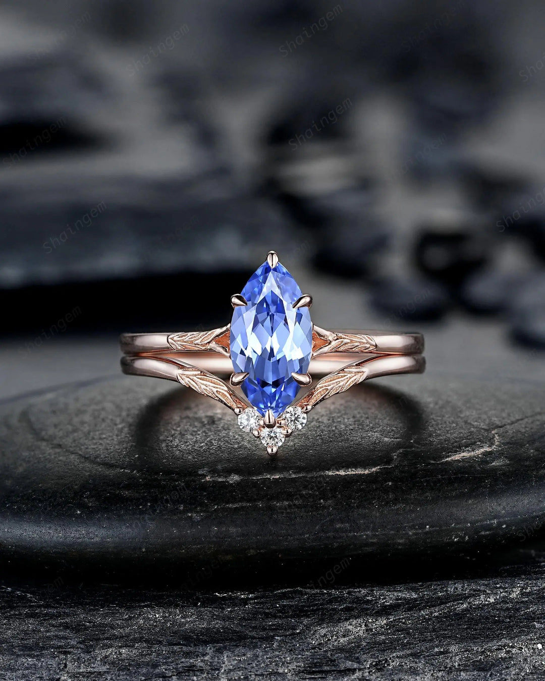 3PCS Marquise Cut Blue Sapphire Solitaire Engagement Ring: Nature Inspired Wedding Set Rose Gold Promise Engraved Leaf Silver, Platinum - ShainJewelry