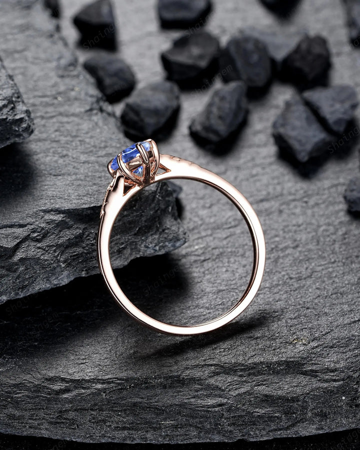 3PCS Marquise Cut Blue Sapphire Solitaire Engagement Ring: Nature Inspired Wedding Set Rose Gold Promise Engraved Leaf Silver, Platinum - ShainJewelry