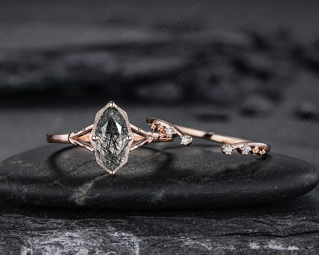 Solitaire Marquise Cut Natural Black Rutilated Engagement Ring Set: Rose Gold Split Shank Milgrain Platinum Open Gap Promise Wedding Band - ShainJewelry
