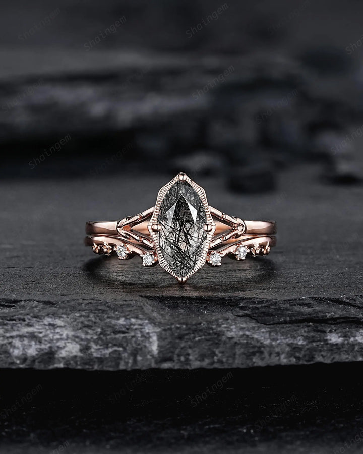 Solitaire Marquise Cut Natural Black Rutilated Engagement Ring Set: Rose Gold Split Shank Milgrain Platinum Open Gap Promise Wedding Band - ShainJewelry