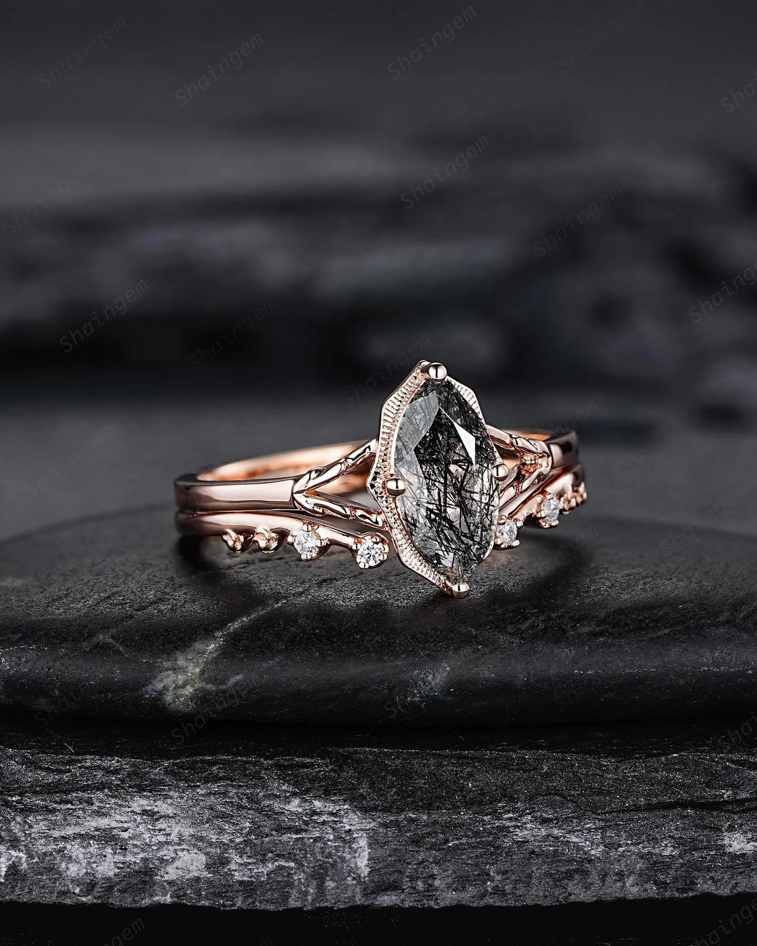 Solitaire Marquise Cut Natural Black Rutilated Engagement Ring Set: Rose Gold Split Shank Milgrain Platinum Open Gap Promise Wedding Band - ShainJewelry