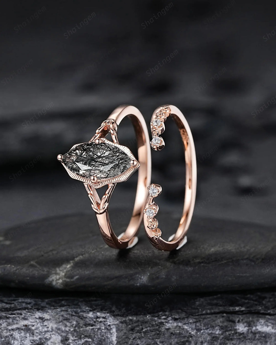 Solitaire Marquise Cut Natural Black Rutilated Engagement Ring Set: Rose Gold Split Shank Milgrain Platinum Open Gap Promise Wedding Band - ShainJewelry