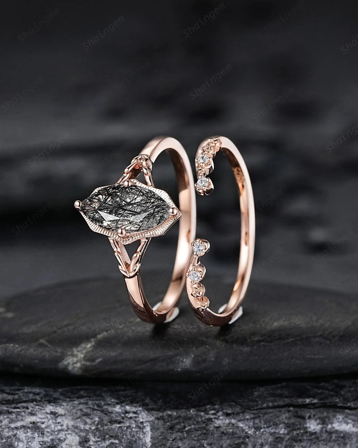 Solitaire Marquise Cut Natural Black Rutilated Engagement Ring Set: Rose Gold Split Shank Milgrain Platinum Open Gap Promise Wedding Band - ShainJewelry