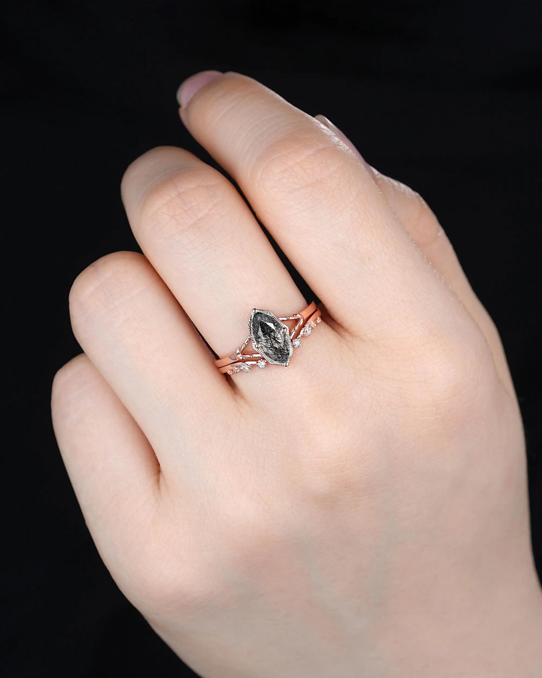 Solitaire Marquise Cut Natural Black Rutilated Engagement Ring Set: Rose Gold Split Shank Milgrain Platinum Open Gap Promise Wedding Band - ShainJewelry
