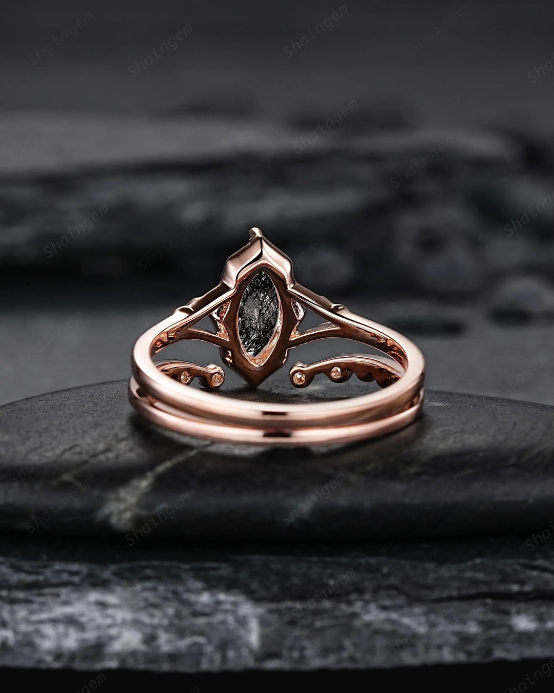 Solitaire Marquise Cut Natural Black Rutilated Engagement Ring Set: Rose Gold Split Shank Milgrain Platinum Open Gap Promise Wedding Band - ShainJewelry
