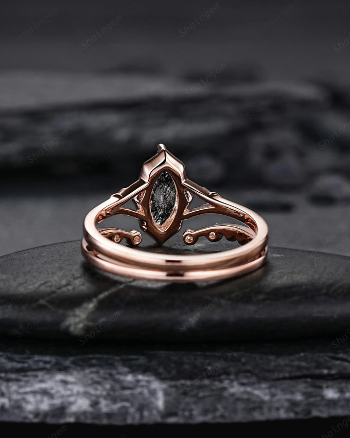 Solitaire Marquise Cut Natural Black Rutilated Engagement Ring Set: Rose Gold Split Shank Milgrain Platinum Open Gap Promise Wedding Band - ShainJewelry