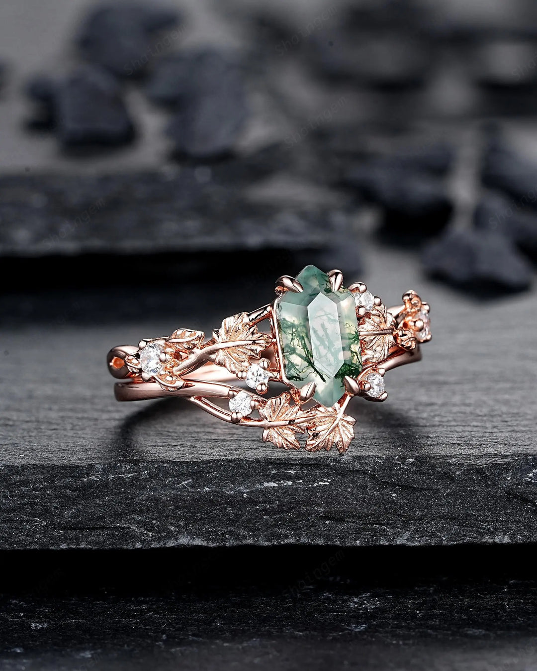 Maple Leaf Long Hexagon Moss Agate Engagement Ring Set: Rose Gold Nature Inspired Wedding Promise Anniversary 925 Silver, 24K Gold Plated - ShainJewelry