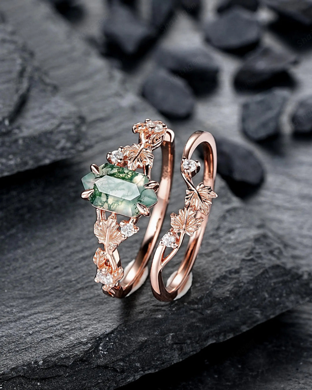 Maple Leaf Long Hexagon Moss Agate Engagement Ring Set: Rose Gold Nature Inspired Wedding Promise Anniversary 925 Silver, 24K Gold Plated - ShainJewelry
